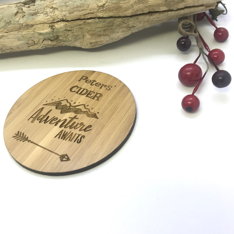 2 x Bamboo Coasters for Cider ''Adventure Awaits'' Personalised with your own words
