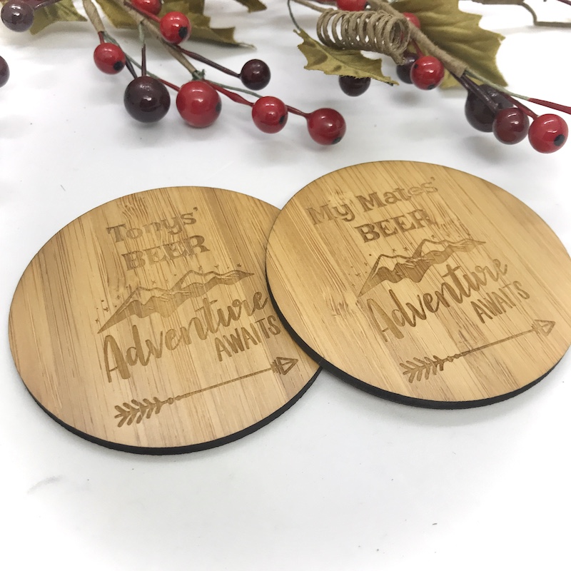 2 x Bamboo Coasters for Beer ''Adventure Awaits'' Personalised with your own words