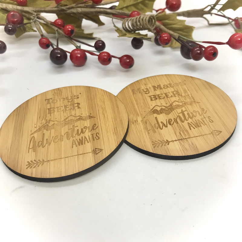 2 x Bamboo Coasters for Beer ''Adventure Awaits'' Personalised with your own words