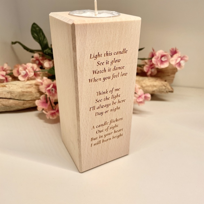 Personalised Tall Wood Block Candle holder to remember a loved one with Dinosaur
