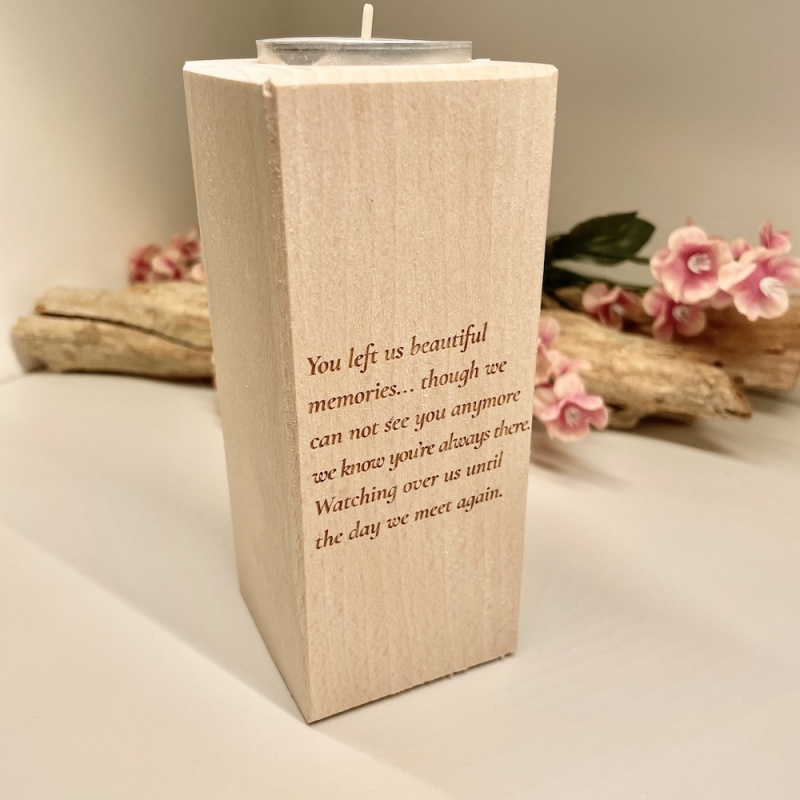 Personalised Tall Wood Block Candle holder to remember a loved one with Teddy Bear Tall