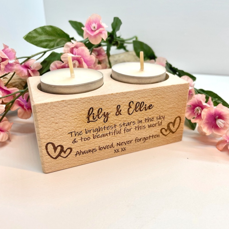 Personalised Wood Block Double Candle holder to remember a loved one with hearts