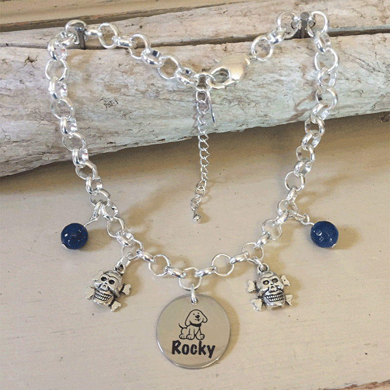 Personalised Dog Necklace MINI SCHNAUZER Design with Dog Name<br>Handmade with Silver-Plated Belcher Chain, Pet Name & Dark Blue Agate Gemstones