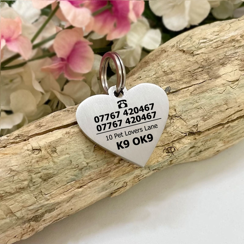 Pet ID Tag Personalised Heart Shaped with I'M MICROCHIPPED and SPAYED