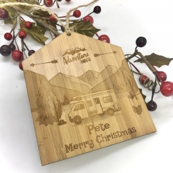 Camper Van Plaque in Bamboo ''Adventure Awaits & Merry Christmas'' Personalised with your own words