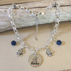 Personalised Dog Necklace MINI SCHNAUZER Design with Dog Name<br>Handmade with Silver-Plated Belcher Chain, Pet Name & Dark Blue Agate Gemstones