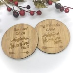 2 x Bamboo Coasters for Cava ''Adventure Awaits'' Personalised with your own words