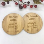 2 x Bamboo Coasters for Wine ''Adventure Awaits'' Personalised with your own words