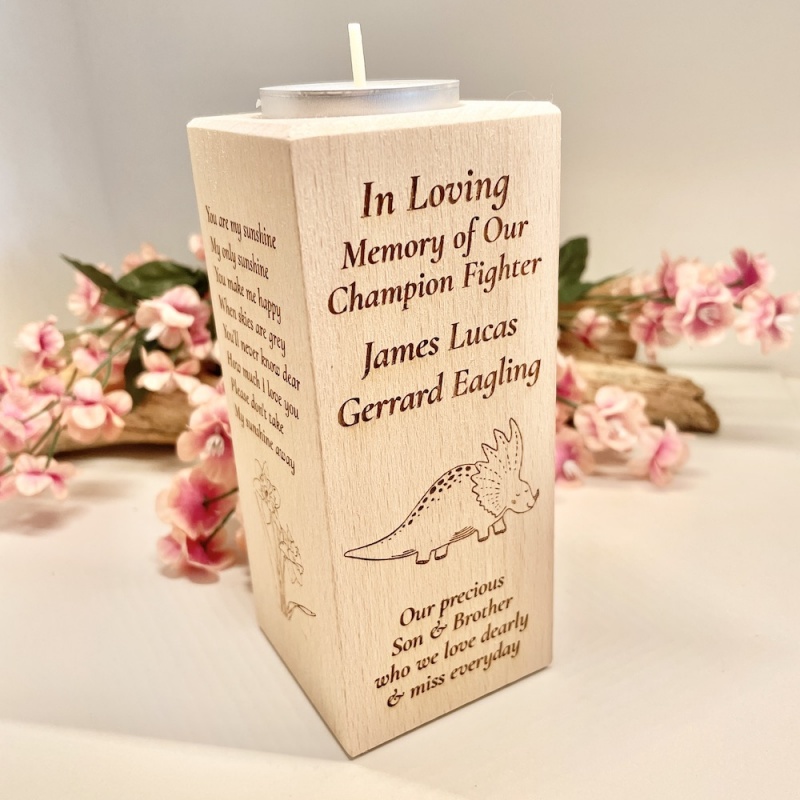 Personalised Tall Wood Block Candle holder to remember a loved one with Dinosaur