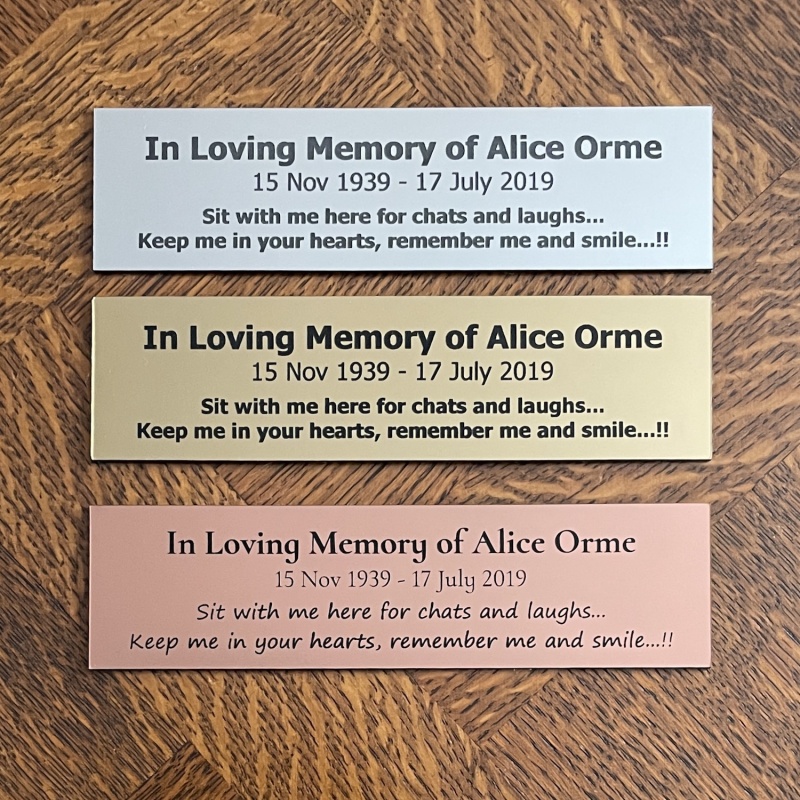 Memorial plaque in remembrance outdoor bench plaque personalised 15 x 4 or 5cm 5.9 x 1.57 or 1.96 inch various colours we also offer custom sizes