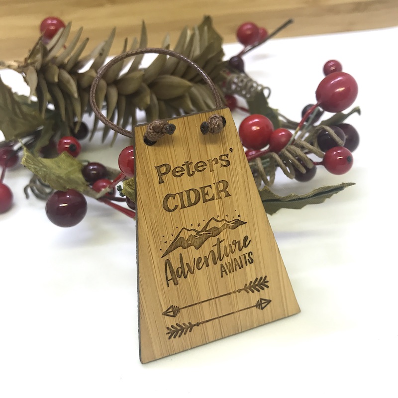 Cider Bottle Tag Drinks Plaque in Bamboo  ''Adventure Awaits'' Personalised with your own words