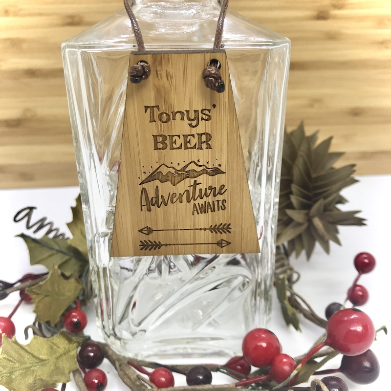 Beer Bottle Tag Drinks Plaque in Bamboo ''Adventure Awaits'' Personalised with your own words