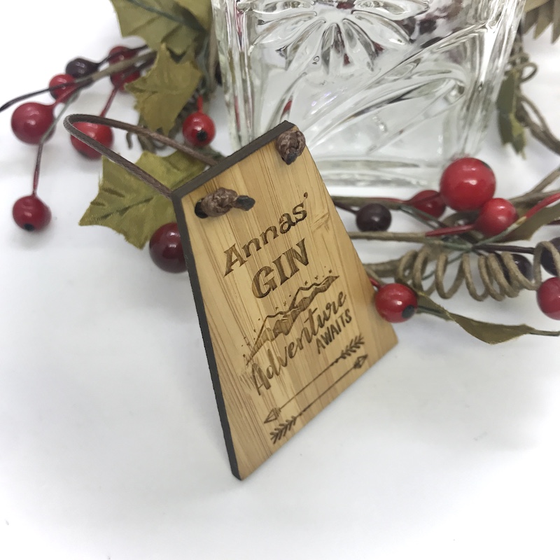Gin Bottle Tag Drinks Plaque in Bamboo ''Adventure Awaits'' Personalised with your own words