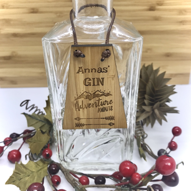 Gin Bottle Tag Drinks Plaque in Bamboo ''Adventure Awaits'' Personalised with your own words