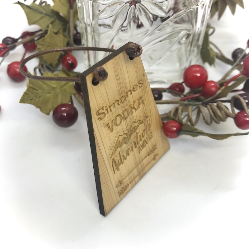 Vodka Bottle Tag Drinks Plaque in Bamboo ''Adventure Awaits'' Personalised with your own words