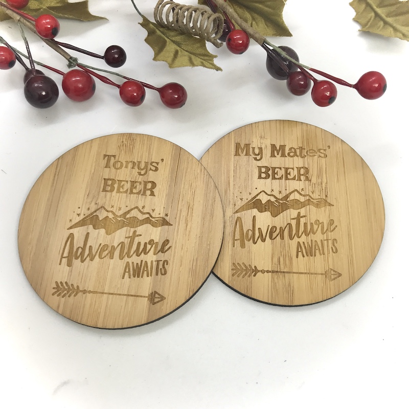 2 x Bamboo Coasters for Beer ''Adventure Awaits'' Personalised with your own words