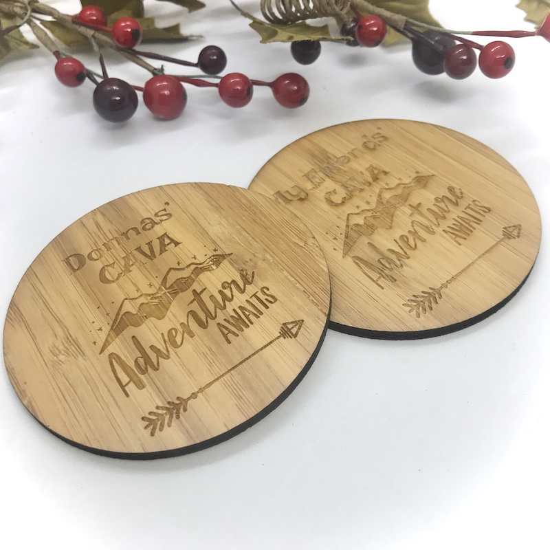 2 x Bamboo Coasters for Cava ''Adventure Awaits'' Personalised with your own words