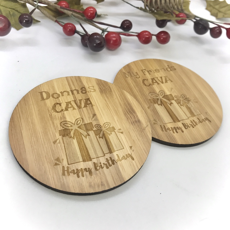 2 x Bamboo Coasters for Cava ''Happy Birthday'' Personalised with your own words
