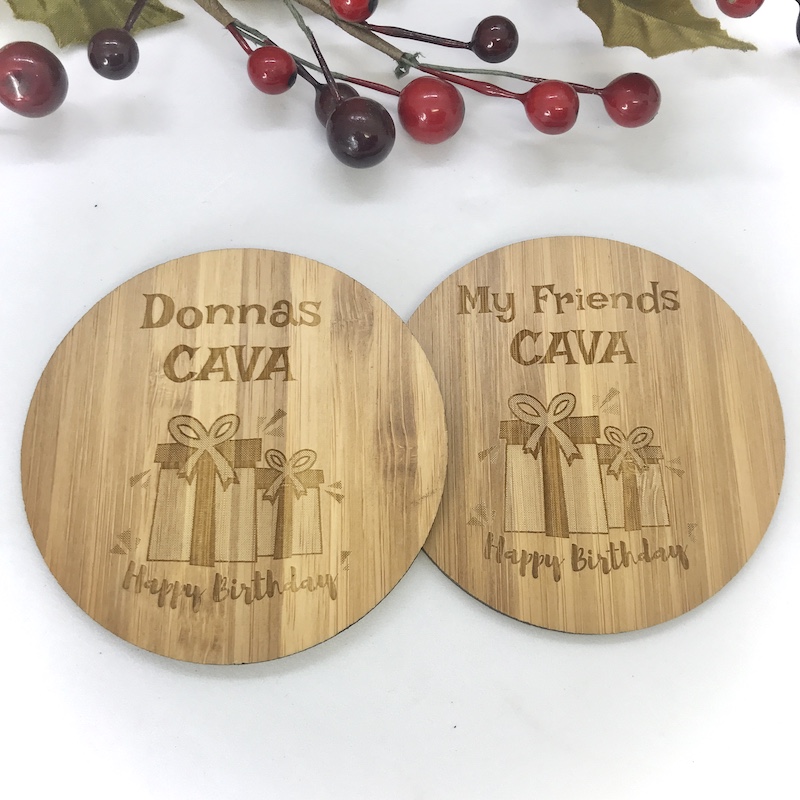 2 x Bamboo Coasters for Cava ''Happy Birthday'' Personalised with your own words