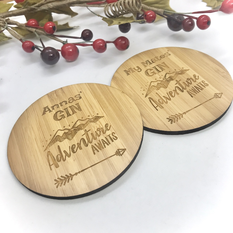 2 x Bamboo Coasters for Gin ''Adventure Awaits'' Personalised with your own words