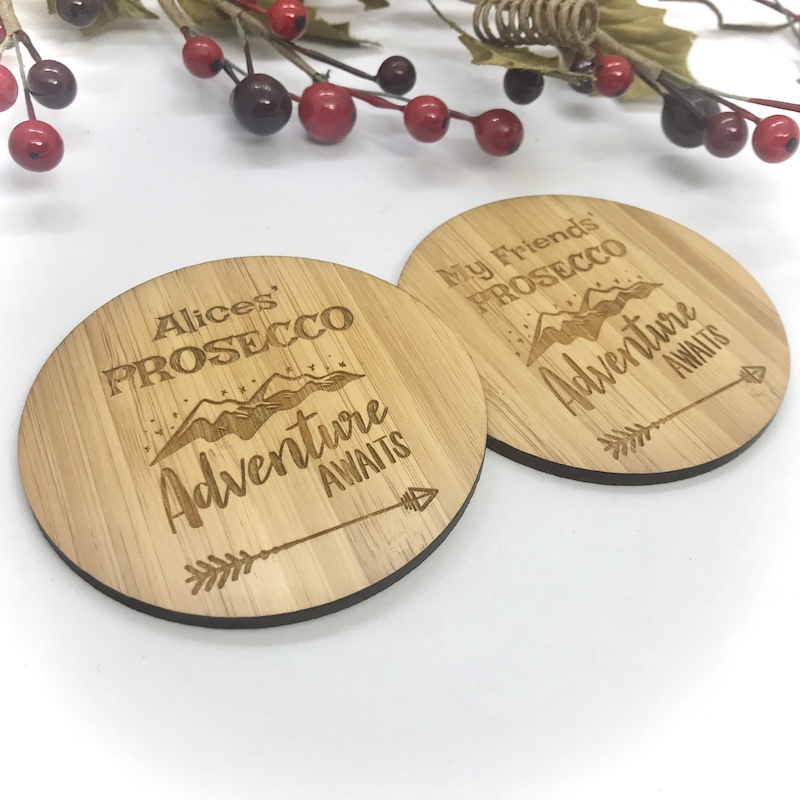 2 x Bamboo Coasters for Prosecco ''Adventure Awaits'' Personalised with your own words
