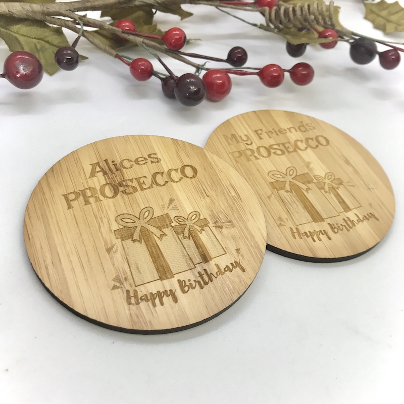 2 x Bamboo Coasters for Prosecco ''Happy Birthday'' Personalised with your own words