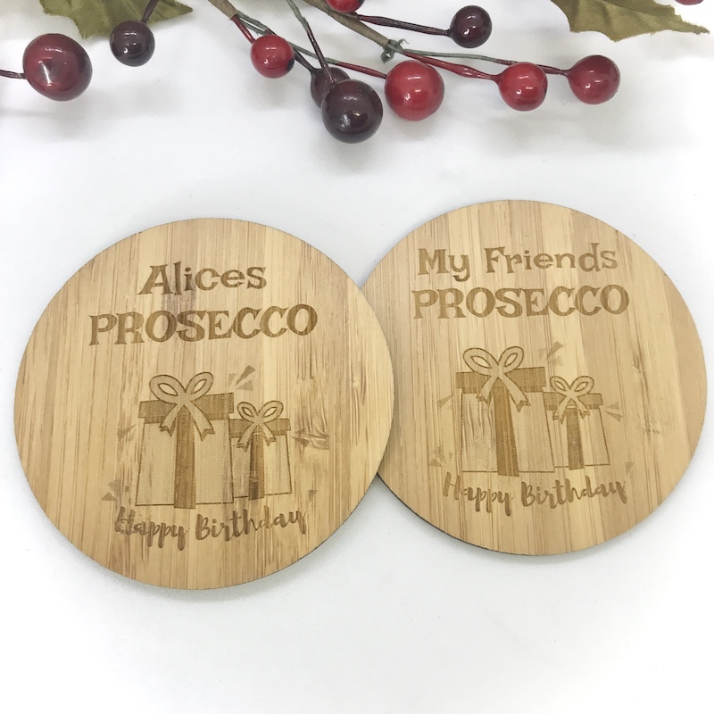 2 x Bamboo Coasters for Prosecco ''Happy Birthday'' Personalised with your own words