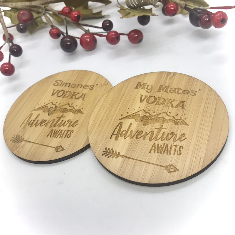 2 x Bamboo Coasters for Vodka ''Adventure Awaits'' Personalised with your own words