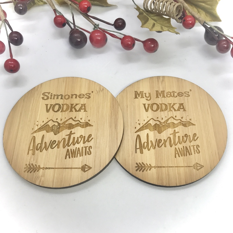 2 x Bamboo Coasters for Vodka ''Adventure Awaits'' Personalised with your own words