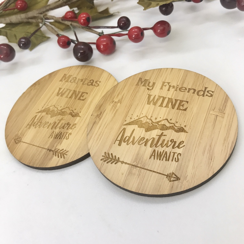 2 x Bamboo Coasters for Wine ''Adventure Awaits'' Personalised with your own words