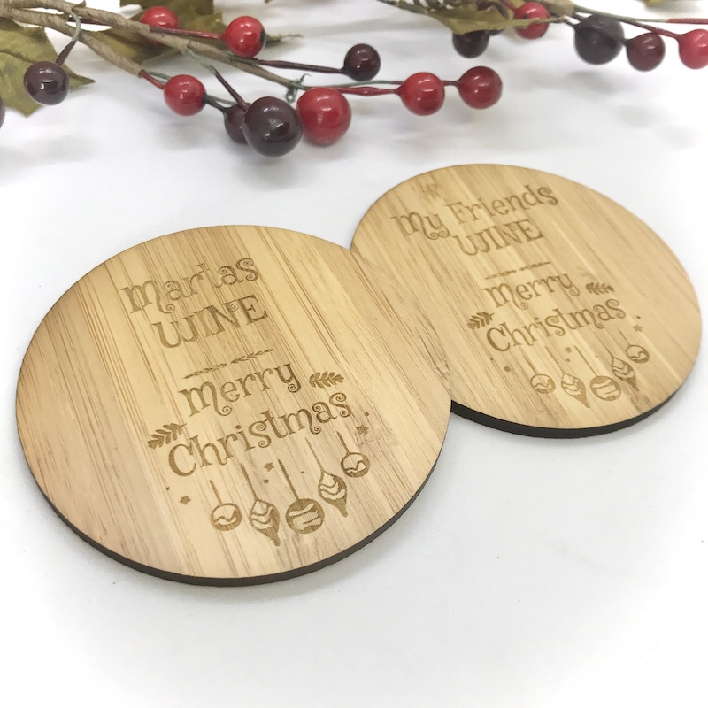 2 x Bamboo Coasters for Wine ''Merry Christmas'' Personalised with your own words