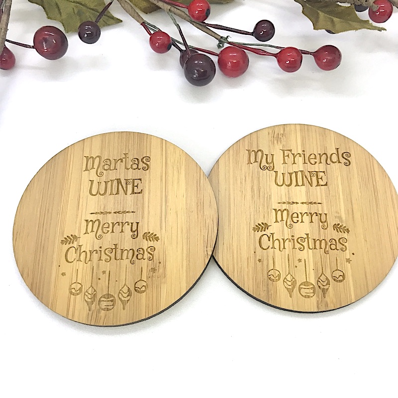 2 x Bamboo Coasters for Wine ''Merry Christmas'' Personalised with your own words