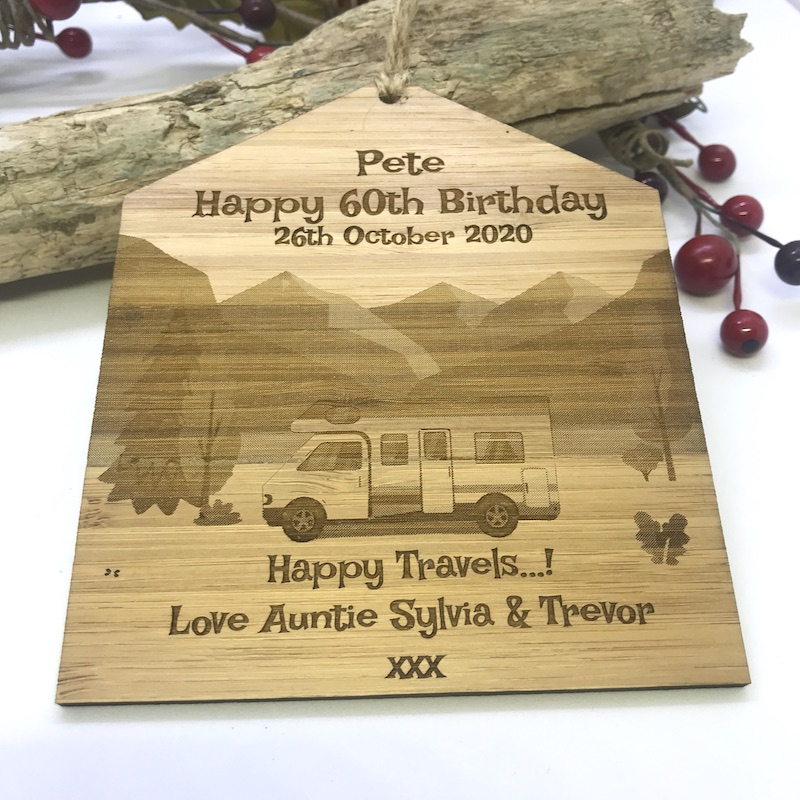 Camper Van Plaque in Bamboo ''Adventure Awaits'' Personalised with your own words