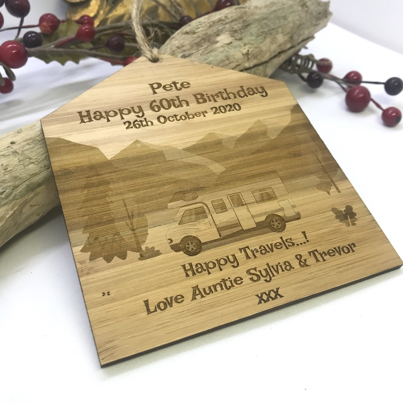 Camper Van Plaque in Bamboo ''Adventure Awaits'' Personalised with your own words