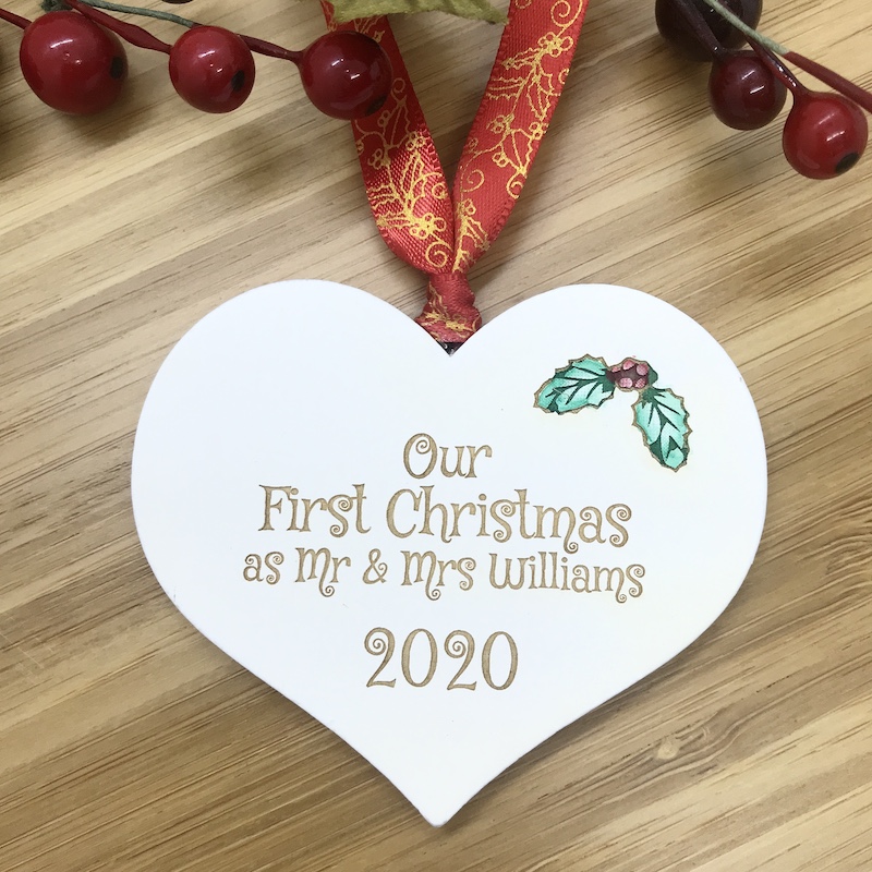 1 Merry Christmas Our First Christmas White Heart Bauble Personalised with your own words