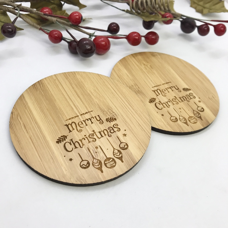 2 x Bamboo Coasters for Cava ''Merry Christmas'' Personalised with your own words