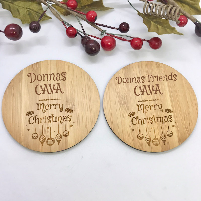 2 x Bamboo Coasters for Cava ''Merry Christmas'' Personalised with your own words