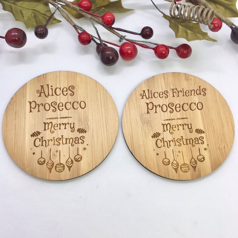 2 x Bamboo Coasters for Prosecco ''Merry Christmas'' Personalised with your own words
