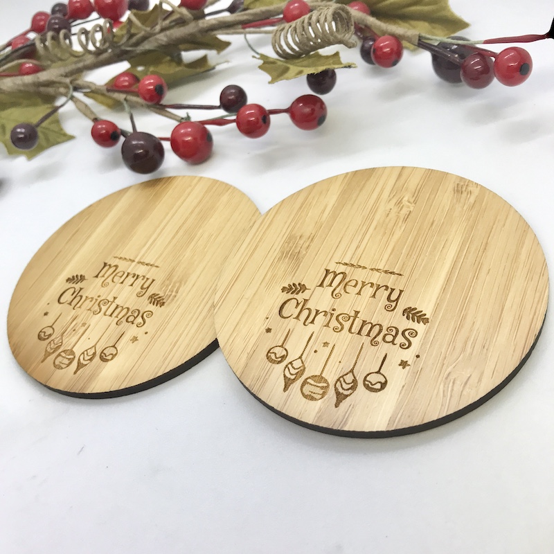2 x Bamboo Coasters for Vodka ''Merry Christmas'' Personalised with your own words