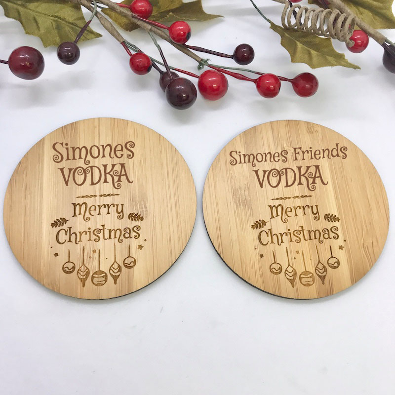 2 x Bamboo Coasters for Vodka ''Merry Christmas'' Personalised with your own words