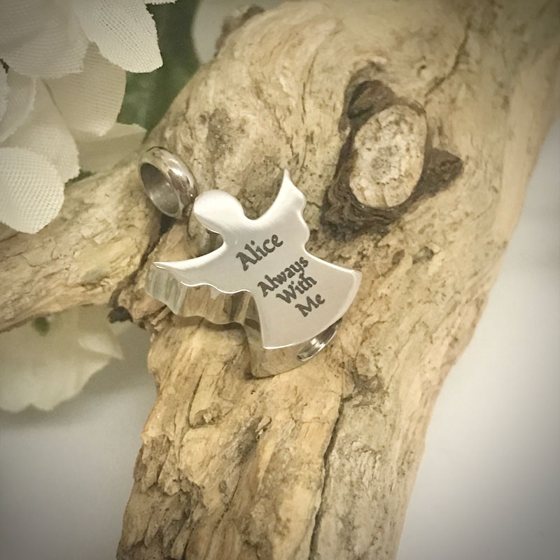 Cremation Ashes Urn Guardian Angel Shaped for keepsake, necklace or bracelet personalised with your own words or design