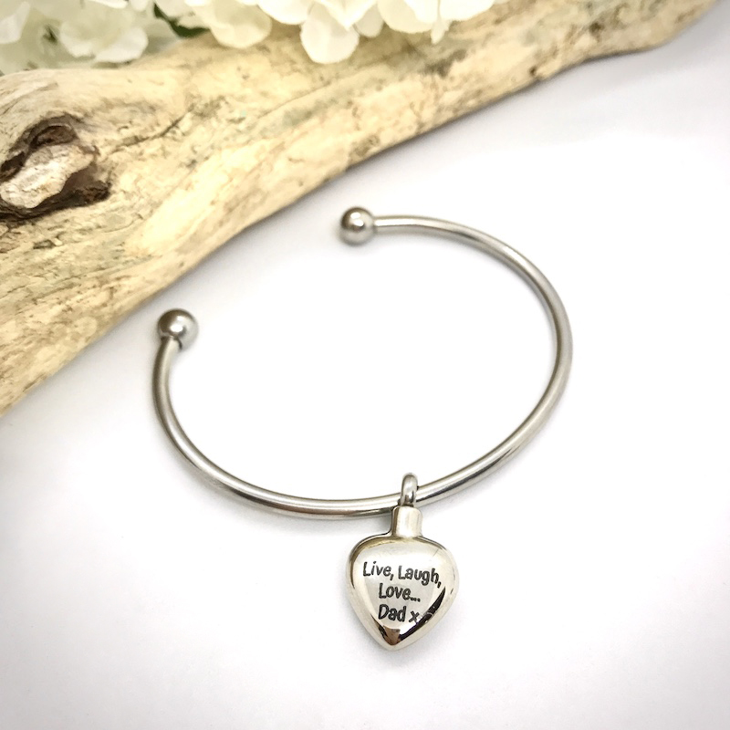 Cremation Ashes Urn Bangle Bracelet with Heart Charm personalised with your own words or design