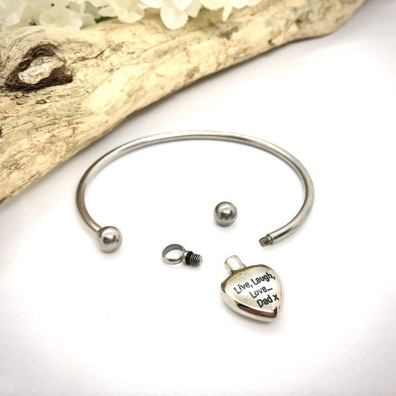 Cremation Ashes Urn Bangle Bracelet with Heart Charm personalised with your own words or design