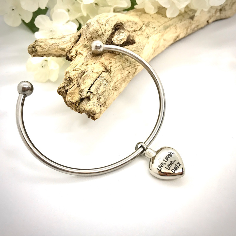 Cremation Ashes Urn Bangle Bracelet with Heart Charm personalised with your own words or design