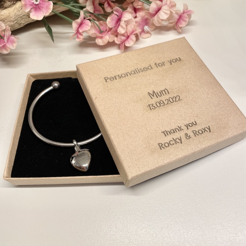 Cremation Ashes Urn Bangle Bracelet with Heart Charm personalised with your own words or design