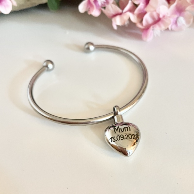 Cremation Ashes Urn Bangle Bracelet with Heart Charm personalised with your own words or design