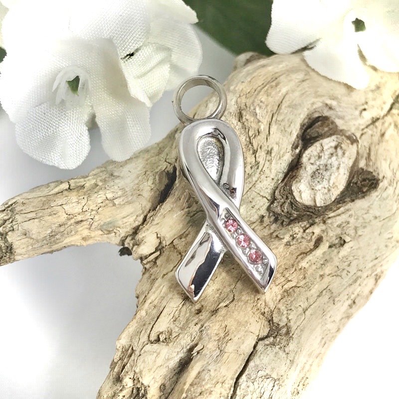 Cremation Ashes Urn Breast Cancer Awareness Ribbon Shaped Pendent for keepsake, necklace or bracelet personalised
