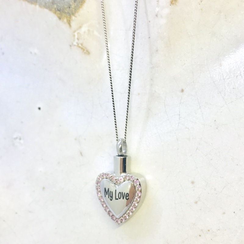 Cremation Ashes Urn Heart Shaped Pink Diamantes for keepsake, necklace or bracelet personalised with your own words or design