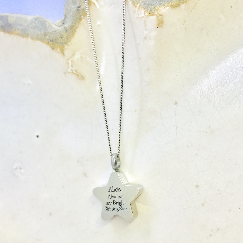 Cremation Ashes Urn Star Shaped Pendent for keepsake, necklace or bracelet personalised with your own words or design