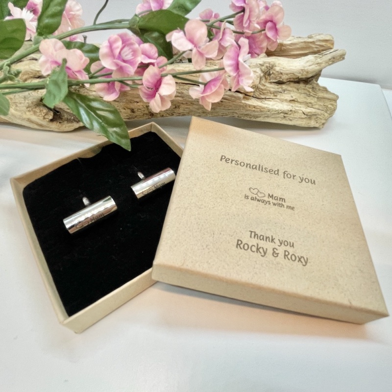 Cufflinks Cremation Ashes Urn Barrel Shaped personalised with message